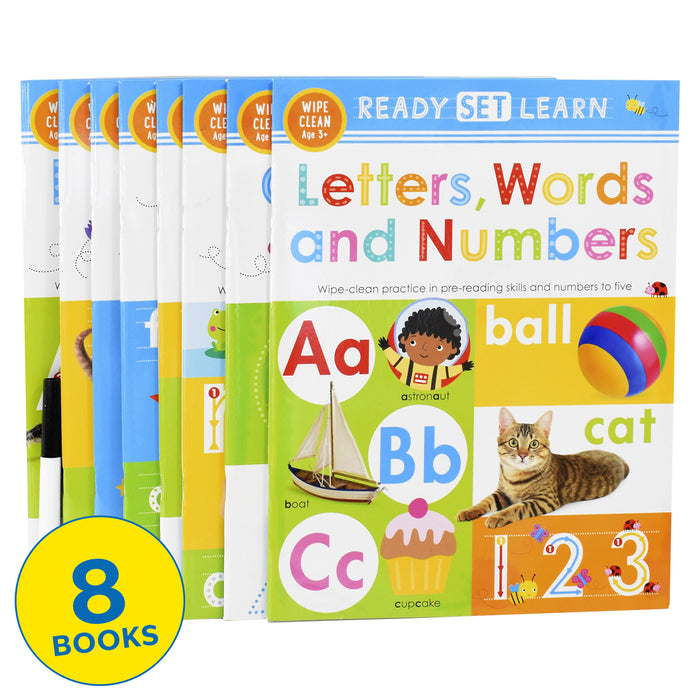 Ready Set Learn 8 Early Learning Wipe Clean Books Colours Shapes Numbers Phonics Handwriting Counting - Ages 3+ – Paperback