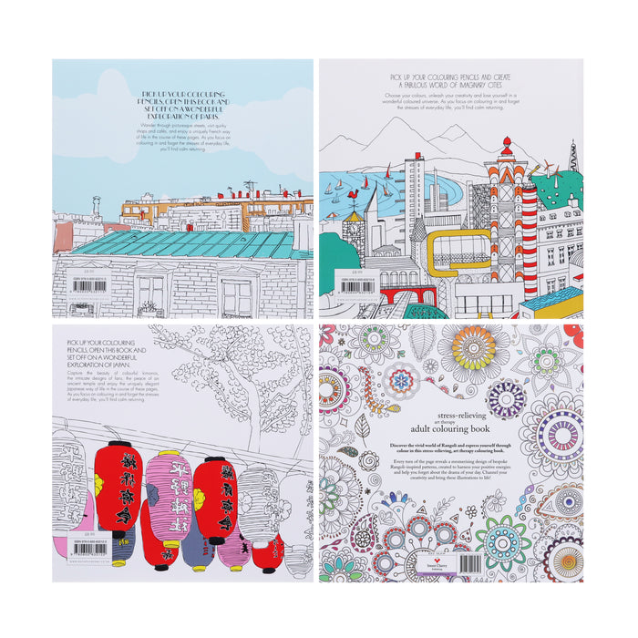 Colouring for Mindfulness 4 Books Collection Set (Rangoli, Secret Paris, Secret Japan & Dream Cities) - Non-Fiction - Paperback